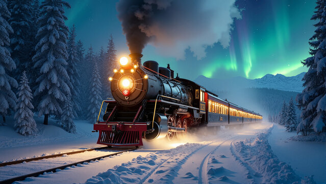 Journey Through a Winter Wonderland: Magical Train Ride Beneath a Dazzling Aurora Borealis in a Snowy Forest
