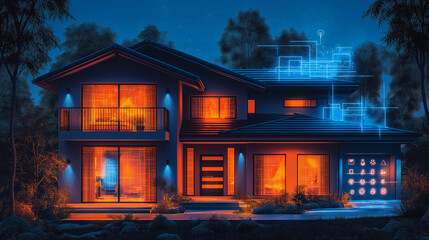 Smart home technology integrated into a contemporary residence, highlighted by warm interior lighting and a nighttime exterior.