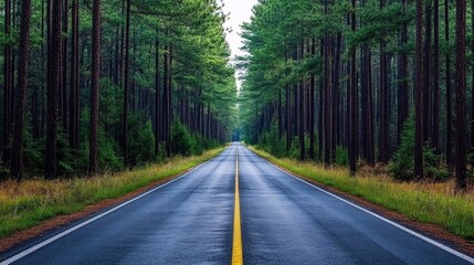 Obraz premium Road Disappearing Into The Distance Among Tall Pine Trees