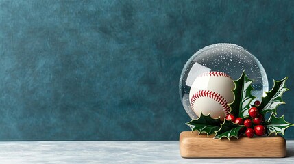 A festive snow globe featuring a baseball surrounded by holly and berries, set against a textured blue backdrop, evoking holiday cheer.