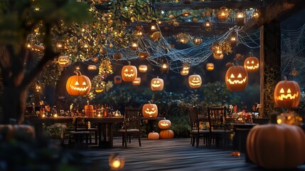 Obraz premium Festive Halloween outdoor dinner party with carved pumpkins, lights, and spiderwebs.