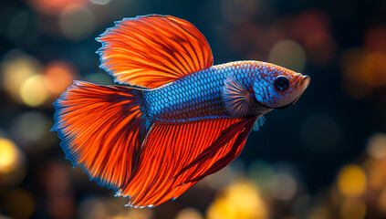 A fish with a red tail and blue body is swimming in a tank. The fish is surrounded by a blurry background, giving the image a dreamy, ethereal quality