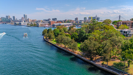 Naklejka premium Aerial View of Sydney Harbour Balmain Darling harbour Sydney CBD cockle Bay Wharf North Sydney harbour bridge Lavender Bay Milsons Point Manly on a warm summer day blue skies 