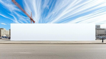 long hoarding with empty space for mock up on construction site red crane and blue sky background , isolated on white background,  , copy space, copy space for text,