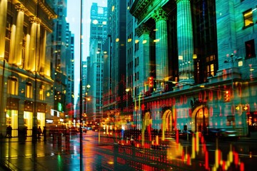 Fototapeta premium Stock market activity reflected in urban landscape financial district night scene city lights abstract visuals for investment insights
