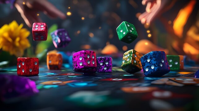 Colorful dice roll across a game board.  A thrilling moment of chance!