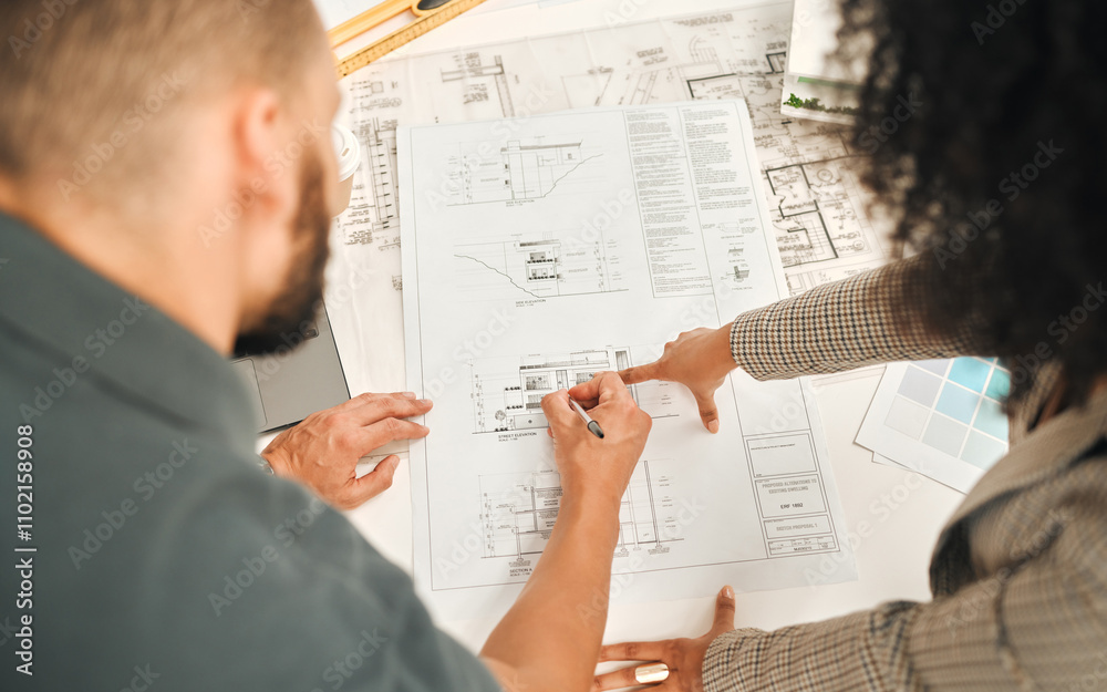 Poster office, architecture and business people with blueprint for drawing, planning and project management
