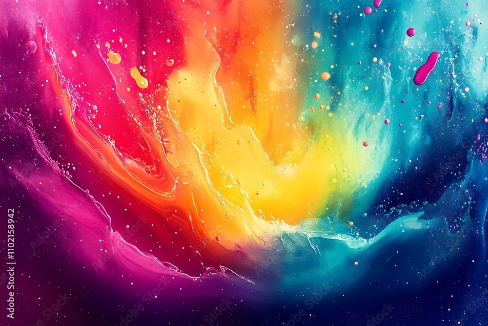 Poster Dynamic Abstract Art with Swirling Vivid Rainbow Paint Splashes : Generative AI