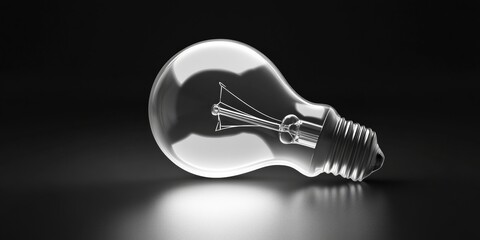 A glowing 3D-rendered light bulb icon with a clear glass finish, resting on a matte black surface with soft light reflections