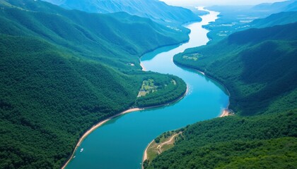 Fototapeta premium Serpentine river winding through lush green mountains. Aerial view of a tranquil lake, surrounded by forested hills.