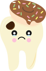 Cartoon illustration of a sad tooth with a chocolate donut and sprinkles on top, brown cavity spot, and tears.
