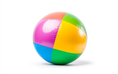 A colorful plastic ball with a white background. The ball is made of plastic and has a colorful design