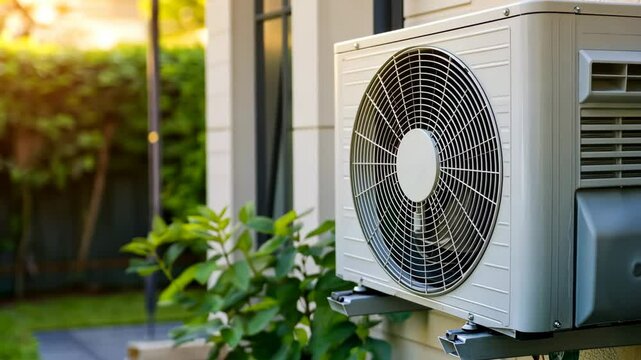 Air conditioning unit installed outside a modern home with greenery in the background during late afternoon
