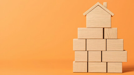 A stack of wooden blocks arranged to form a house shape on an orange background, symbolizing construction and creativity in architecture.