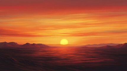 Fototapeta premium Warm sunset over a vast desert landscape with rolling dunes and distant mountains