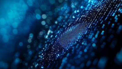 Digital fingerprint surrounded by glowing data particles in a high-tech environment