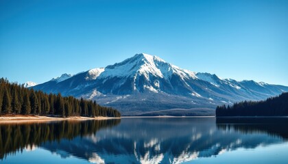 Snow-capped mountain reflected in a calm lake.