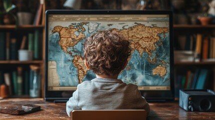 Young child exploring a world map on a computer screen