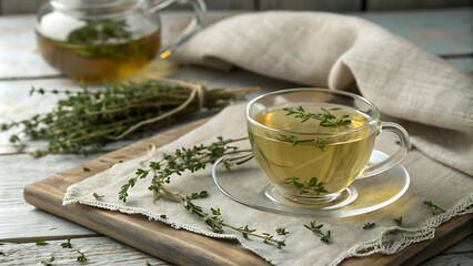 A cup of thyme tea with fresh thyme sprigs, surrounded by thyme leaves on a rustic wooden table. The earthy, natural tones of the scene evoke a comforting and refreshing mood, perfect for wellness and