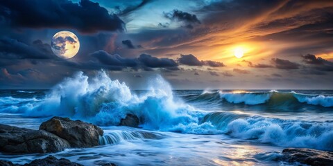 Naklejka premium Oceanic Harmony A Coastal Sunset with Full Moon and Crashing Waves