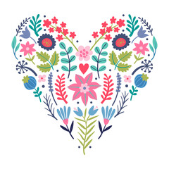 Heart of flowers, twigs, leaves, pink purple color flat illustration on a white background.