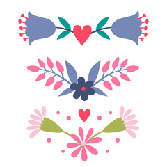 Set of reflections of flowers, twigs, leaves, pink purple color, bouquet, border flat illustration in folk art.