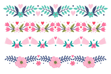 Set of reflection borders of flowers, twigs, leaves, pink purple color, bouquet, flat folk art illustration.