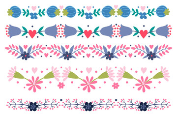 Set of reflection borders of flowers, twigs, leaves, pink purple color, bouquet, flat folk art illustration.