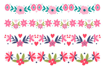 Set of reflection borders of flowers, twigs, leaves, pink purple color, bouquet, flat folk art illustration.