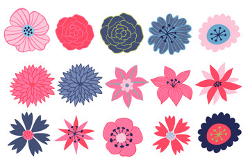 Set of flowers in pink purple color flat illustration on white background.