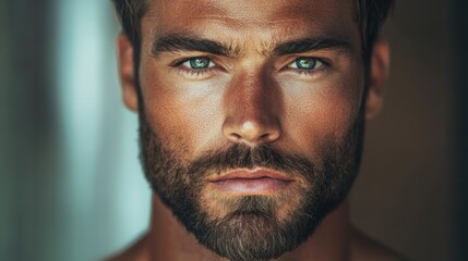 Fototapeta premium Close-up portrait of a man with a beard and piercing blue eyes, illuminated by natural light.