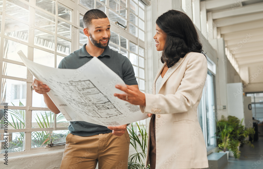 Poster office, architect and business people with blueprint for collaboration, planning and project managem