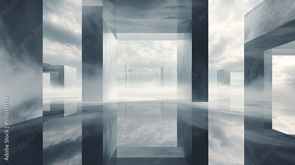 Poster Surreal Futuristic Architectural Design with Misty Atmosphere and Reflective Smooth Walls : Generative AI