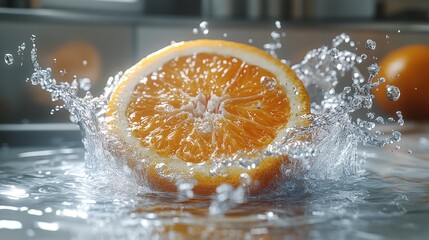 Here's a possible  and keyword list for your stock photo.. Orange half splashing into water.