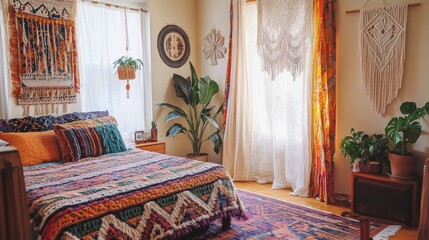 Fototapeta premium Bohemian Bedroom Decor with Vibrant Textiles