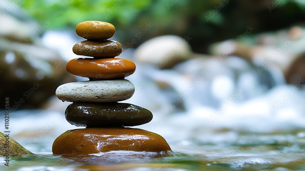 Aufkleber Serene Zen Stone Arrangement on Flowing Stream with Natural Harmony : Generative AI