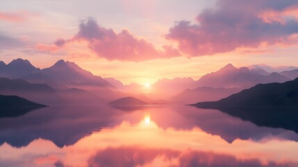 Obraz premium Serene Sunset Over Misty Mountain Lake