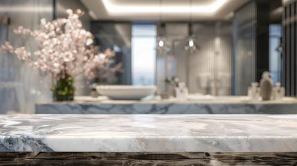 Blurred bathroom background with a marble counter table top, suitable for product display or design layout.