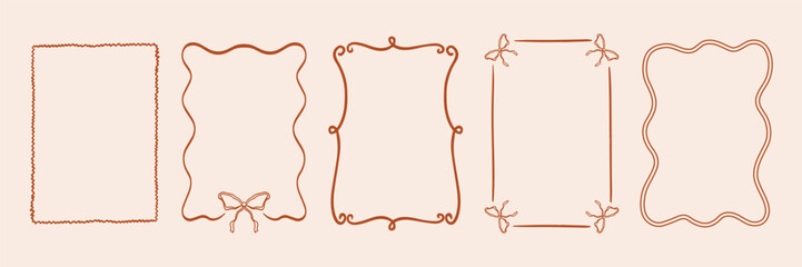 Vintage retro frame template in hand drawn greeting card for wedding, menu, birthday, friendsmas, stylish and modern party invitation design. Wavy frames with a bow in an elegant coquette style.