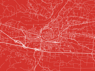 Christmas Map of Lucca, Italy in Snowy White on Festive Red Background.