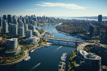 Fototapeta premium A bird's-eye view of modern urban waterfronts and small moorings for yachts and boats.