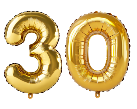 Golden Number 30 Helium Balloons Isolated on transparent Background


