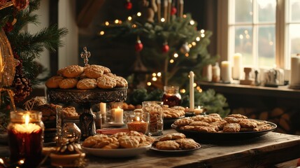A cozy holiday scene featuring a table filled with Danish cookies and decorations, capturing the festive spirit.