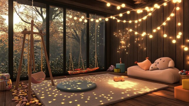 A cozy home playground with a padded playmat a soft swing set, and gentle string lights for evening play