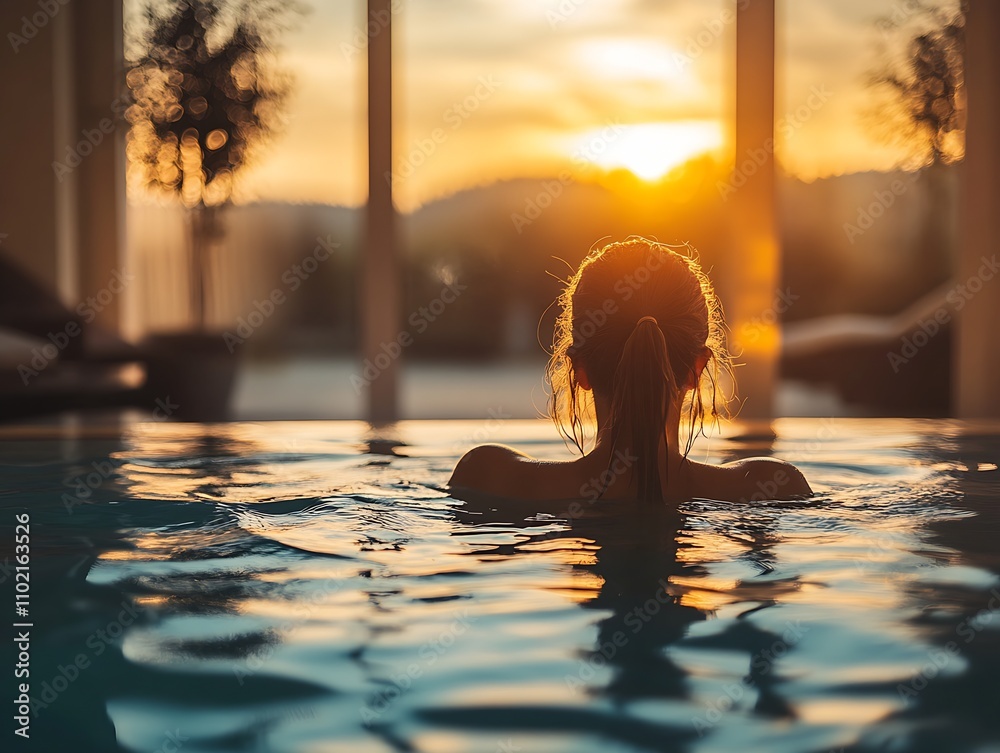 Poster serene woman relaxing in indoor pool at sunset with scenic mountain view : generative ai