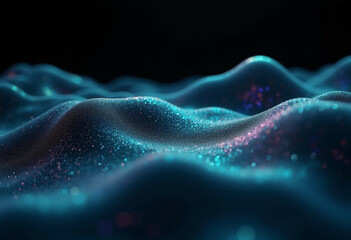 Abstract teal landscape with glittering particles  undulating smoothly in the dark.