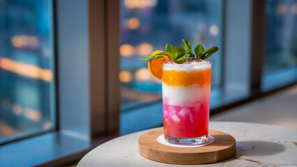 A tall glass of layered, colorful cocktail garnished with fresh mint and orange slice, set against a stunning cityscape visible through a floor-to-ceiling window.