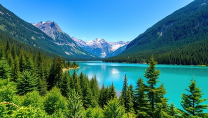 Stunning turquoise lake nestled in a valley between majestic mountains, surrounded by lush evergreen forests under a vibrant blue sky.
