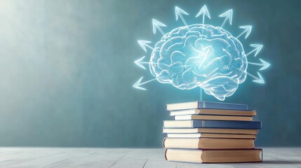 Glowing digital brain hologram with arrows over stacked books on a wooden table and a blurred background.