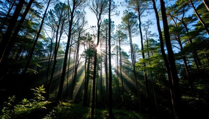 Naklejka premium Sun rays pierce through tall pine trees in a lush forest.